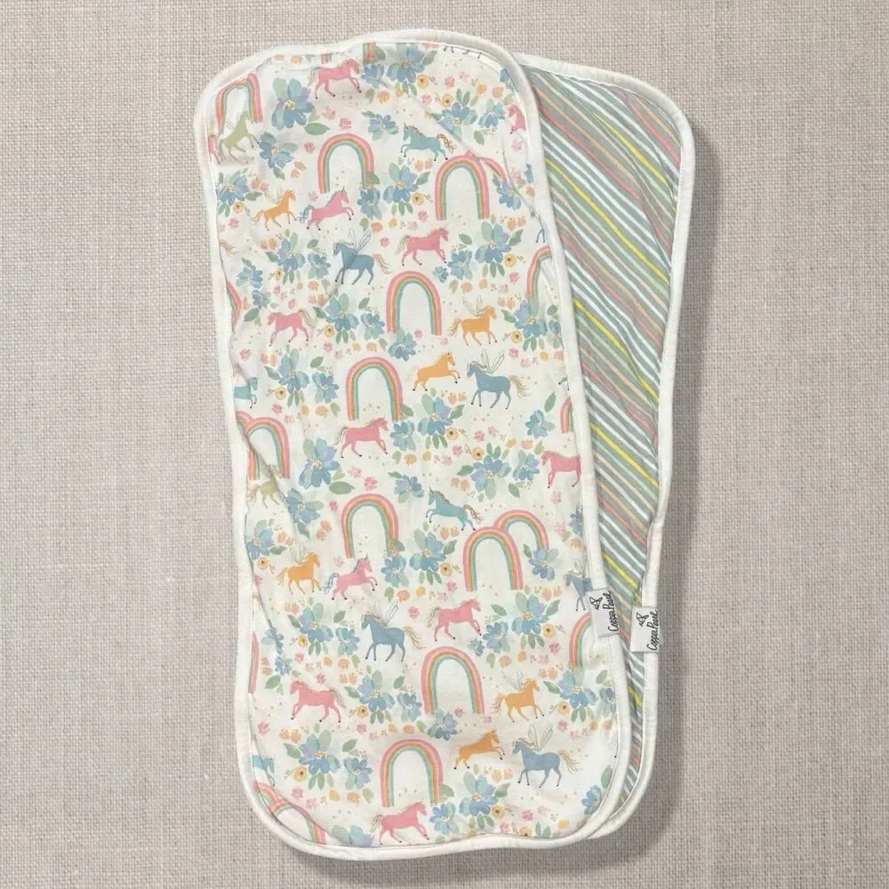 Copper Pearl Whimsy Burp Cloths Set of 2 Unicorn Rainbow Floral Cotton 21x10